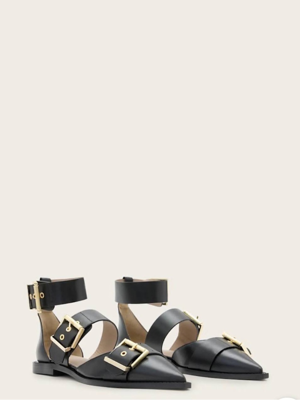 AllSaints Black Pointed Leather Ankle-Strap Flats with Gold Buckles